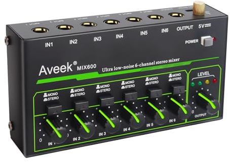 Aveek Mini Line Audio Mixer - Mixer audio piccolo a 6 canali con commutazione stereo/mono e funzionamento a basso rumore per sub-missaggio di precisione, ingresso/uscita TRS da 1/4, ideale per
