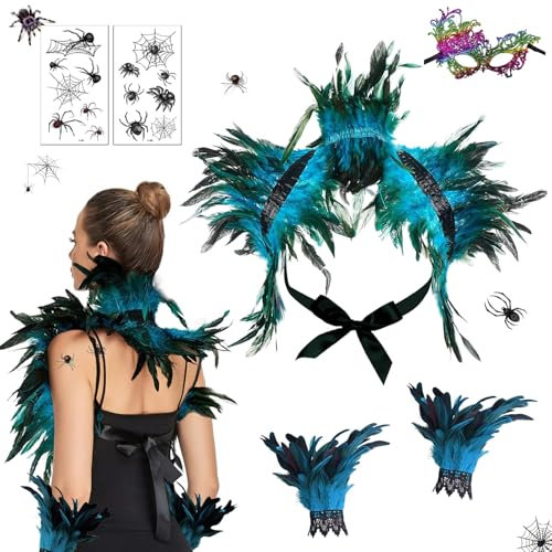 Xerteam Gothic Damen Federumhang mit Armband Maskenball Masken Spitze Augenmaske Tattoo Aufkleber Kostüm Gothic Schnürung Schal Achselzucken Kragen Federumhang für Weihnachtsfeier Halloween