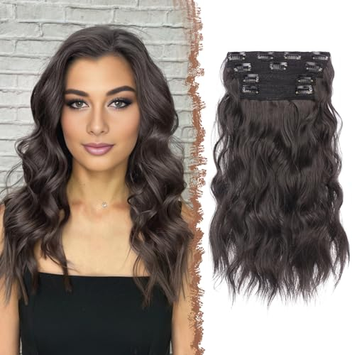 FESHFEN Clip in Extensions, 4PCs Lang Wellig Voller Kopf Haarverlängerungen mit Clips Synthetik Gewellt Natürlich Schwarz Haarextension Wavy Haar Extensions Clip in Haarteil für Damen 40 cm