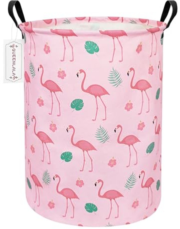 QUEENLALA Großer Aufbewahrungskorb, zusammenklappbar, rund, Wäschekorb, Badezimmer, Heimdekoration, Kinderkorb, Boxen, Kinderkleidung (runder rosa Flamingo)