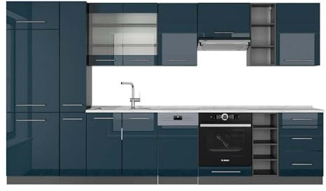 Vicco Küchenzeile Fame-Line, Dunkelblau Hochglanz/Anthrazit, 355 cm, AP Marmor