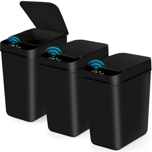 3 Pack Poubelle Salle Bain, 12L Poubelle Automatique avec Couvercle, Corbeille à Détection de Mouvement, Poubelle Fine à Épreuve des Chiens, Poulailler Étanche pour Chambre, Bureau, Cuisine (Noir)