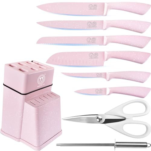 XYJ Knife Block Set, Pink Color, Stainless Steel Kitchen Knives with Knife Block Holder, Meat Cleaver, Professional Cooking Slicing Knife Kit for Master Chef, Kitchen Cutlery