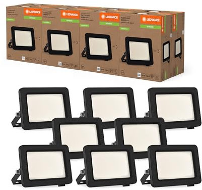 LEDVANCE Proiettore LED con classe di efficienza energetica A, alloggiamento in alluminio nero, 10 W, 1750 lm, per applicazioni esterne, peso leggero, installazione semplice, pacco da 8
