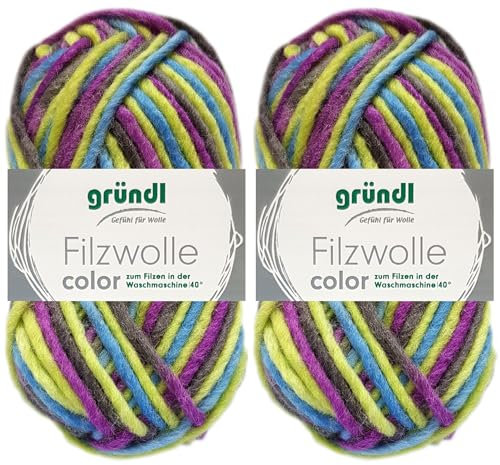 Gründl Color Lot de 2 pelotes de laine à feutrer, 50 g chacune, en 100 % laine vierge, avec instructions pour les maniques (42 violet, vert, multicolore)