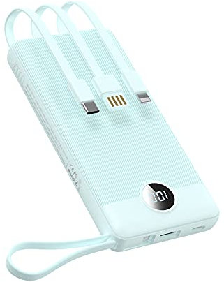 VEEKTOMX Power Bank with Built-in Cables, 10000mAh USB C Portable Charger, Battery Pack with 5 Outputs, Travel Battery Bank for iPhone/iPad/Samsung and Other Smart Devices(10000mAh-Blue)