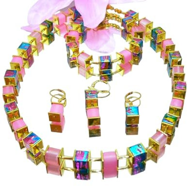 Halskette, Kette, Collier Armband Ohrringe Schmuck Set Glas Würfel Polaris Edelstahl, Stifte Twist Mehrfarbig Rosa, Pink, Türkis, Gold