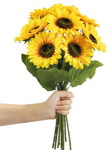 9 Pezzi Girasoli Artificiali, 48 cm Girasoli Finti a Stelo Lungo, Bouquet di Fiori Finti per Decorazioni, Naturali e Veri, Girasole di Seta Fiore Artificiale per Feste, Matrimonio, Ufficio, Casa.