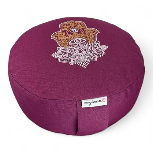 maylow Yoga mit Herz® Meditationskissen 15cm Sitzhöhe Yoga Bio-Dinkelspelzfüllung Stickerei Ahimsa mit Lotus Blüte rund Yogakissen Meditationskissen Bezug waschbar Personalisierung (Pflaume, rund)