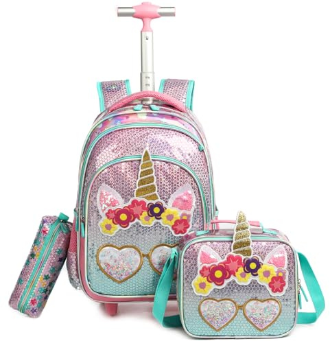 Egchescebo Sac a Dos Licorne Enfant Roulette Fille Primaire Valise École Maternelle Sacs à D'école pour Voyage Cabine de Bagages 17 3PCS Ensemble Grand Cartable Étudiant Simple Perles Rose