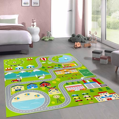 CARPETIA Teppich Spielteppich Verkehrsdesign Häuser Stadtpark Straßen flachgewebe rutschhemmend pflegeleicht strapazierfähig schadstofffrei langlebig leicht zu reinigen Grün 200 x 290 cm
