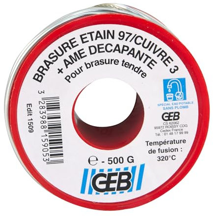 GEB Bobine pour brasure étain/cuivre + âme décapante. Composée d'alliage à 97% d'étain. Conseillée pour les canalisations d'eau potable - Bobine 500g