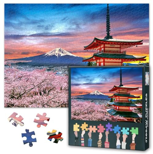 Puzzle japonais 1000 pièces - Mont Fuji avec fleurs de cerisier au coucher du soleil, 50 x 70 cm Motif paysage asiatique, puzzle haut de gamme défiant
