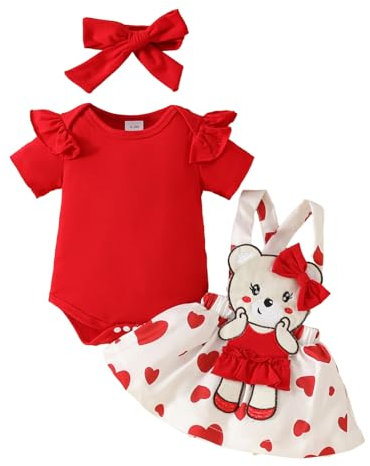 LUVCES Neonate Cuore Rosso Gonne Set Volant Manica Corta Pagliaccetto Top + Salopette Abito con bretelle Abiti per San Valentino Abiti 3pcs stampa d'amore 2 12-18 Mesi
