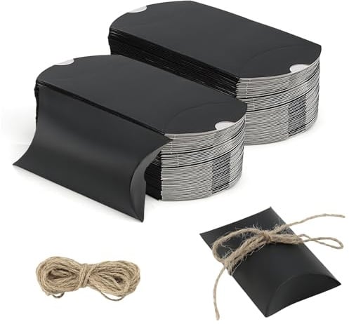 100 Stück Vintage Kissen Geschenkbox, Kissen Box Kraftpapier, Retro Kraftpapier Schachtel, Kraft Papier Geschenkbox, für Weihnachten, Süßigkeiten (mit Juteschnur), Schwarz