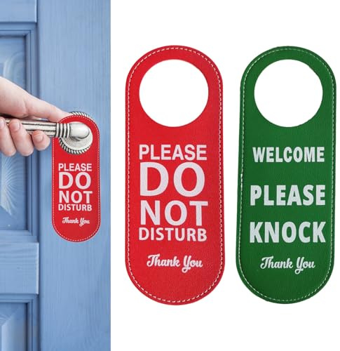 2 PCS Do Not Disturb Door Sign, Hanging Privacy Double Sided Leather Do Not Disturb Sign for Home Hotel Meeting Study Room (Red Green)