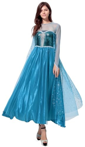 FStory&Winyee Elsanala Prinzessinn Kleid mit Umhang für Erwachsene Damen Pailletten Kostüm Fancy Dress up Set für Verkleidung Cosplay Rollenspiele Geschenk Mottoparty Karneval Halloween, Blau, L