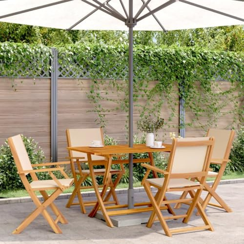 Tonture 5-TLG. Garten-Essgruppe, Akazien-Massivholz, Stoff Beige, Klappbar, 120x70cm Tisch, für Terrasse, Balkon, Außenbereich