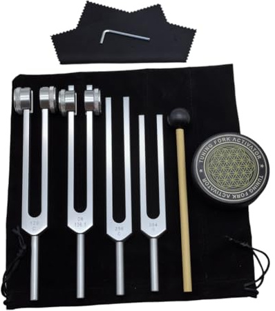 4-Piece Tuning Fork Set 128, 136.1, 256 and 384 Hz with Puck Activator | Four aluminium alloy forks with 128, 136.1, 256 and 384 Hz tones, plus a puck activator for meditation and sound practice