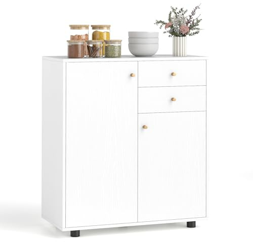 COSTWAY Petit Buffet Cuisine Rangement, Meuble de Rangement 2 Placards, 2 Tiroirs, 3 Étagères Réglables, Portes Magnétiques, Bahut pour Salle a Manger (Blanc)