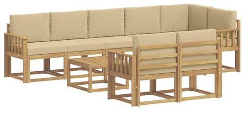 vidaXL Outdoor-Sofagarnitur mit Kissen 9 pcs Weiß und Beige Polyester, Stylisches Außensofa, wetterfestes Set, Bequeme Sitzgelegenheit für den Garten, Akazienholz Möbel