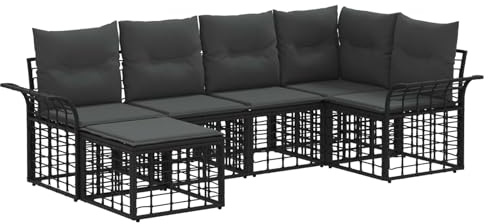 vidaXL Outdoor-Sofagarnitur 6 pcs Schwarz und Dunkelgrau Polyester, Modulares Outdoor-Set, wetterfester Garten-Sofa, verstellbare Füße, rustikale Möbel, vielseitige Sitzgelegenheit