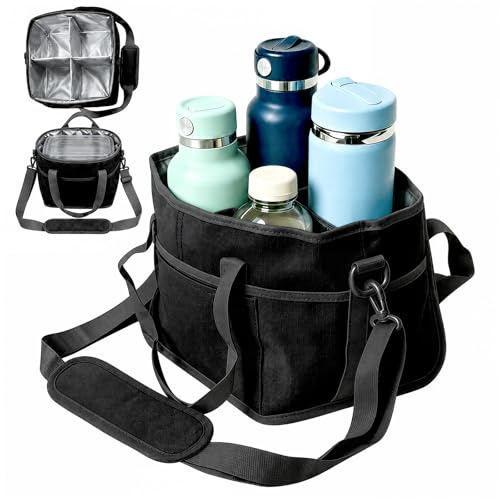 Family Size 4 Compartment Insulated Drink Storage Bag, Multi-Cup Water Bottle Bag Carrier Caddy with Adjustable Shoulder Strap | Hands Free, Reusable for Travel, Picnic, Family Outings (Black)