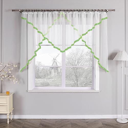 HongYa Kuvertstore transparenter Voile Gardine mit Satinbänder Kräuselband Vorhang H/B 145/300 cm Grün