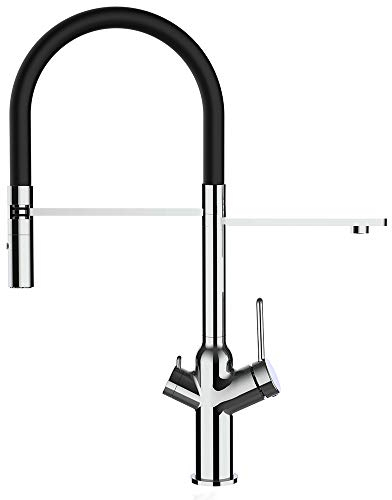 3 wege Küchenmischer für alle gängigen Filtersysteme geeignet. Mit 2strahl Handbrause. 360° schwenbarer Auslauf mit separatem Filterwasser Kanal und SCHWARZ Silikon flex Schlauch
