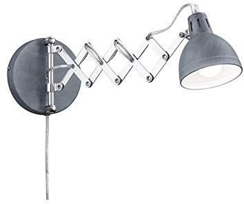 Lámpara de pared LED flexible con articulación de tijera, aspecto industrial, de metal con pantalla redonda en hormigón, color gris