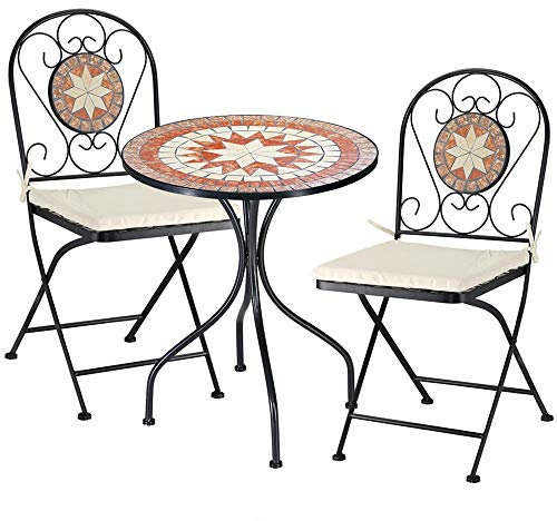 BAKAJI Set Tavolo 60 x 70 cm + 2 Sedie Pieghevoli con Decorazione Mosaico, Tavolino Resistente Salvaspazio per Arredo Esterno, Giardino, Terrazzo, Struttura in Metallo Colore Nero (Design 3)