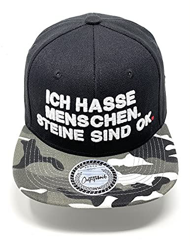 Outfitfabrik Snapback Cap Ich Hasse Menschen. Steine sind ok. in schwarz/Camouflage mit 3D-Stick in weiß (Lifestyle, Provokation, Statement, Army, Tarnmuster, camo), verstellbar
