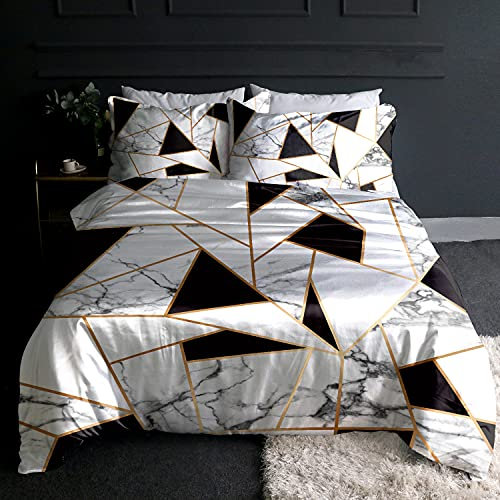 BlessLiving Marble Satin Bed Cover Geometric King Size Bedding Set White and Black 3 Pieces Elegant Faux Rose Gold Duvet Cover with 2 Pillowcases