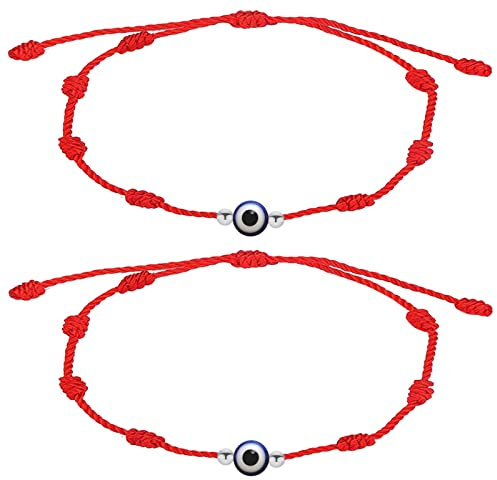 cotigo, Pulsera Roja de 7 Nudos con Amuleto en Acero, Suerte y Protección, Pulsera Mal de Ojo para Parejas y Amistad, Bisutería Ajustable para Mujer y Hombre (Ojo turco - Plateado)