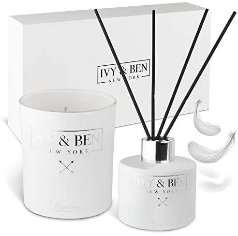 IVY & BEN NEW YORK - Duftkerze und Reed Diffuser Geschenkset - 140g und 100ml - 100% Sojawachs, Kerzenset Geschenk für Frauen, Männer, Geburtstag, Sojakerze (Flawless)