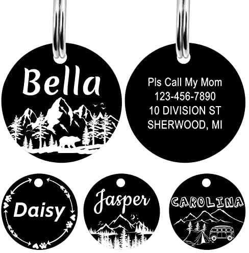 YEHANTI Hundemarke mit Gravur, Dog Tag Personalisiert mit Name, Telefonnummer und Verschiedene Muster Graviert für Hunde Katzen, Rund Edelstahl Adressanhänger Marke für Hundehalsband (Mittel, Schwarz)