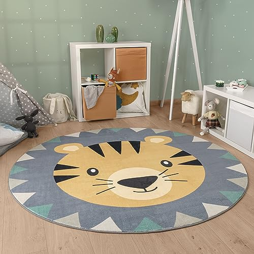 Paco Home Kinderteppich Teppich Kinderzimmer Rund Spielmatte Babymatte Waschbar Bis 30 Grad Löwenkopf Bärenkopf Moderne Deko, Grösse:Ø 100 cm Rund, Farbe:Bunt