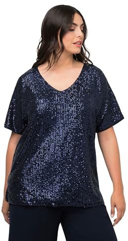 Ulla Popken Damen große Größen Übergrößen Plus Size Pailletten-Shirt, Oversized, V-Ausschnitt, Halbarm 820566