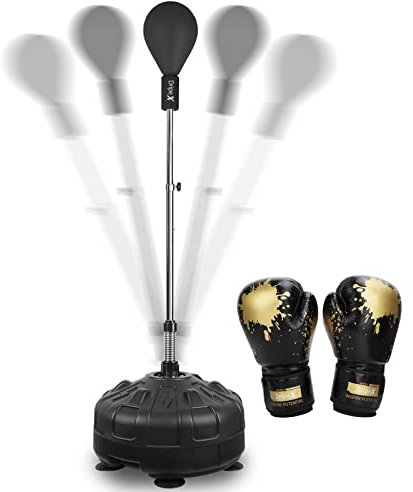 Dripex Punchingball Speedball Verstellbarer freistehender Boxsack Speed-Reflex Trainingsball für Erwachsene Kinder, Trainingsgerät für Zuhause und Fitnessstudio (Schwarz mit Boxhandschuhen)