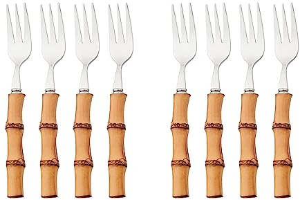 Snplowum 8 tenedores de pastel de acero inoxidable 304 con mango de bambú, tenedor de 3 dientes plateado, pequeño tenedor de degustación reutilizable para postre, tenedores de té, 6.3 pulgadas