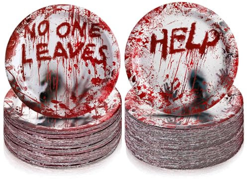 Sliner 120 Pieces Bloody Halloween Plates Bulk 9 Inch Round Paper Plates Horror Party Decorations Scary Handprint Disposable Party Plates for Halloween Party Tableware Supplies, 2 Styles