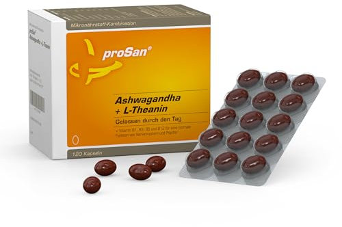 proSan Ashwagandha (KSM-66) + L-Theanin (120 Kapseln) | mehr Gelassenheit & innere Ruhe | incl. B1, B3, B6 & B12 für Psyche & Nerven | kleine Kapseln, leicht zu schlucken | in Deutschland hergestellt