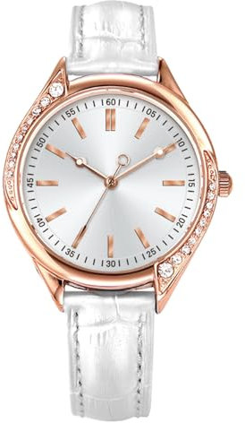 Comtex Montre pour Femme avec Cadran clouté en Or Rose Facile à Lire, boîtier en Or Rose serti de Diamants en Cristal, Ceinture Blanche pour Une Montre Tendance et élégante, Rose Gold, Moderne