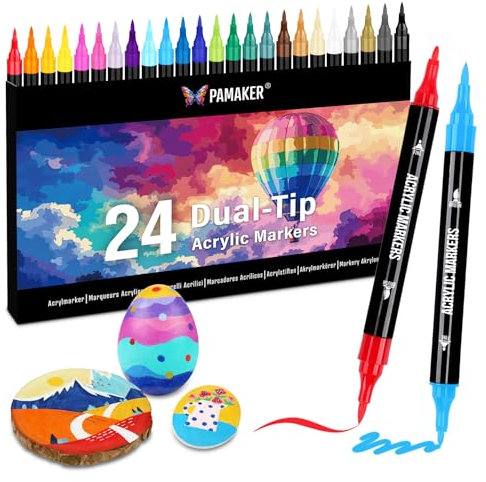 24 Farben Acrylstifte Set – Acrylmarker mit feiner Spitze und Pinsel für Stoff, Leinwand, Glas, Holz und Papier – Ideal für Kinder und Erwachsene, zum Zeichnen und DIY-Bastelprojekte