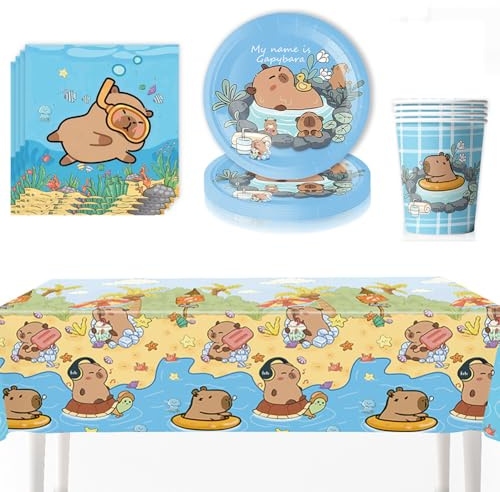 CHENGLI 61PCS Capybara Birthday Party Supplies, Capybara Style Tableware Set For Birthday Party, Includes 20 7-Inch Plates, 1 Tablecloth, 20 Paper Towels, 20 Paper Cups - Brown, Cartoon, 20 Guests