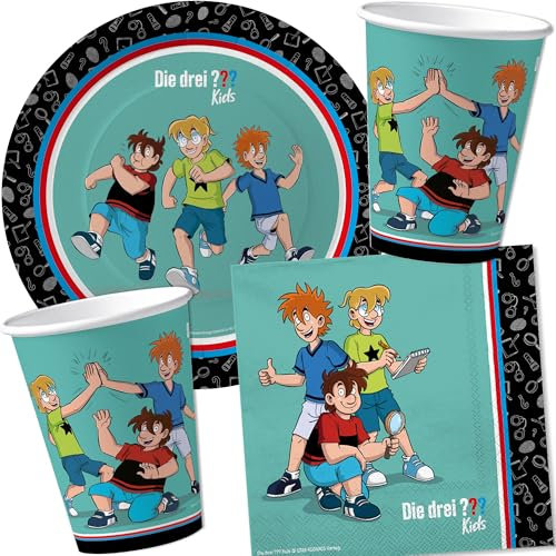 Carpeta 37-TLG. Party-Set * DREI Fragezeichen * mit Teller, Becher, Servietten und Deko für Kindergeburtstag und Mottoparty | Kinder lieben Diese Detektive zum Geburtstag und Motto-Party