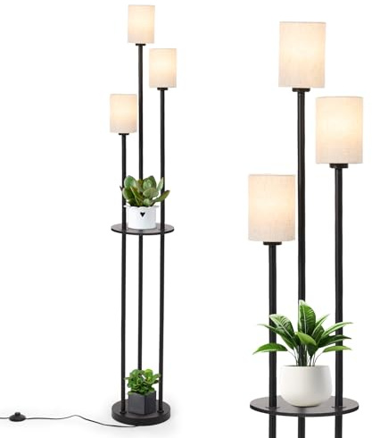 Warmiehomy Modern Floor Lamp with Shelves, 3-Lights Standing Lamp with Linen Shades&Foot Switch for Living Room, Standing Lamp, Industrial Standing Lamps for Bedroom, E27 Sockets Tall Lamp for Office