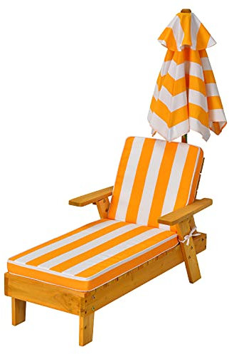 DREAMADE Bain de Soleil Enfant en Bois,Chaise Longue Jardin Exterieur pour Enfant avec Parasol,Coussin Amovible,pour Terrasse,Jardin,Cour,Piscine,91x49x107CM