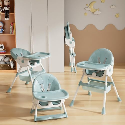 Chaise Haute Bébé Evolutive Pliable Chaise Haute 4 en 1, Double Plateau Détachable, Transat Inclinable Enfant Chaise-Vert