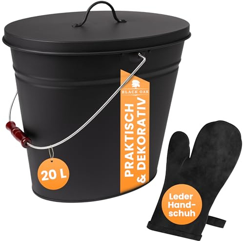 BLACK OAK Ascheeimer Vesuvio 20L mit Lederhandschuh schwarz oval mit Deckel | - groß 20 Liter - Stahl feuerfest verzinkt & pulverbeschichtet Asche & Kohle Eimer ideales Zubehör für Kachelofen Holzofen
